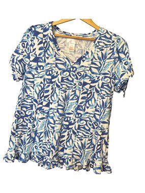 Stella Parker Top Women's Large Blue Coastal Abstract Short Slv Tropical V Neck